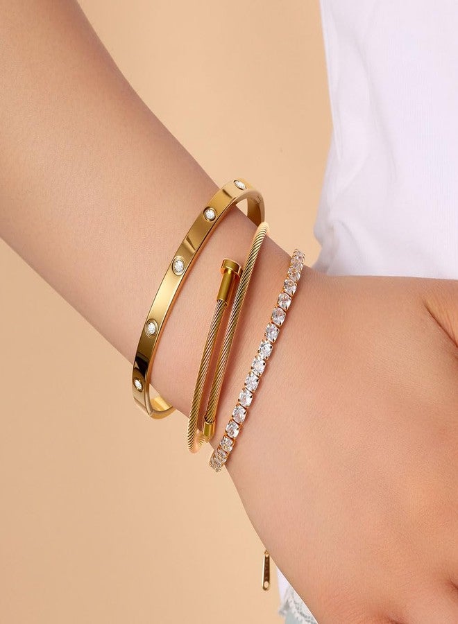 JUNVirtuous 3-Pack Gold Bracelets for Women,18K Gold Plated Bangle Tennis Bracelets Stack Set for Women Trendy Non Tarnish Stainless Steel Gold Bangles Accessories Designer Jewelry Pulseras Para Mujer - Image 3